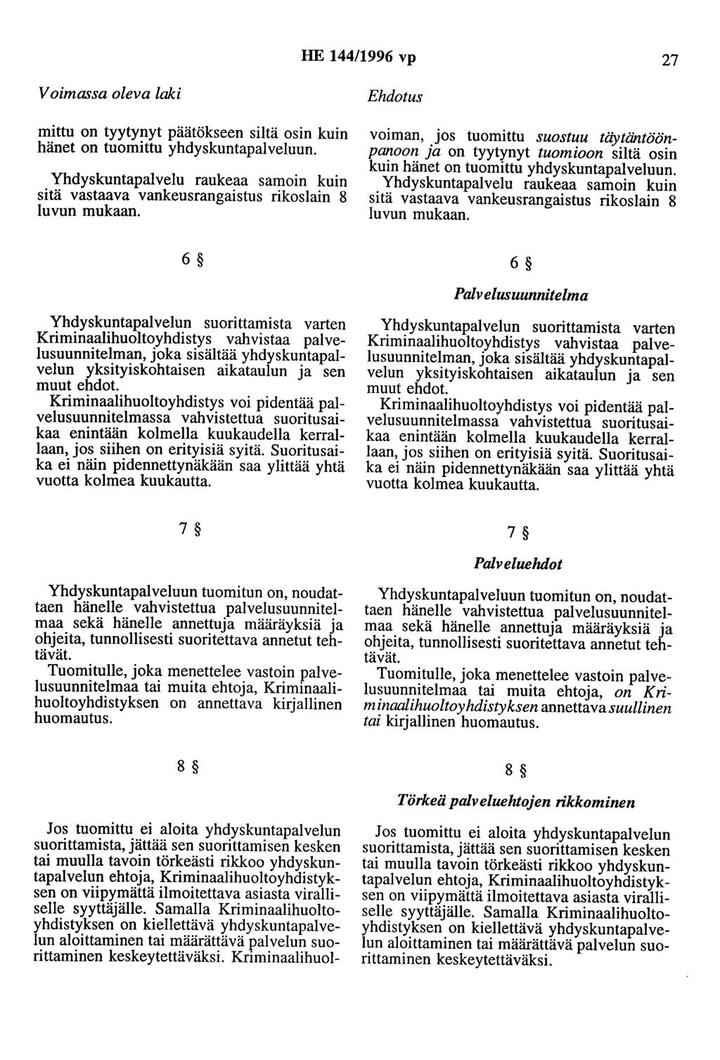 HE 44/996 vp 27 Voimassa oleva laki mittu on tyytynyt päätökseen siltä osin kuin hänet on tuomittu yhdyskuntapalveluun.