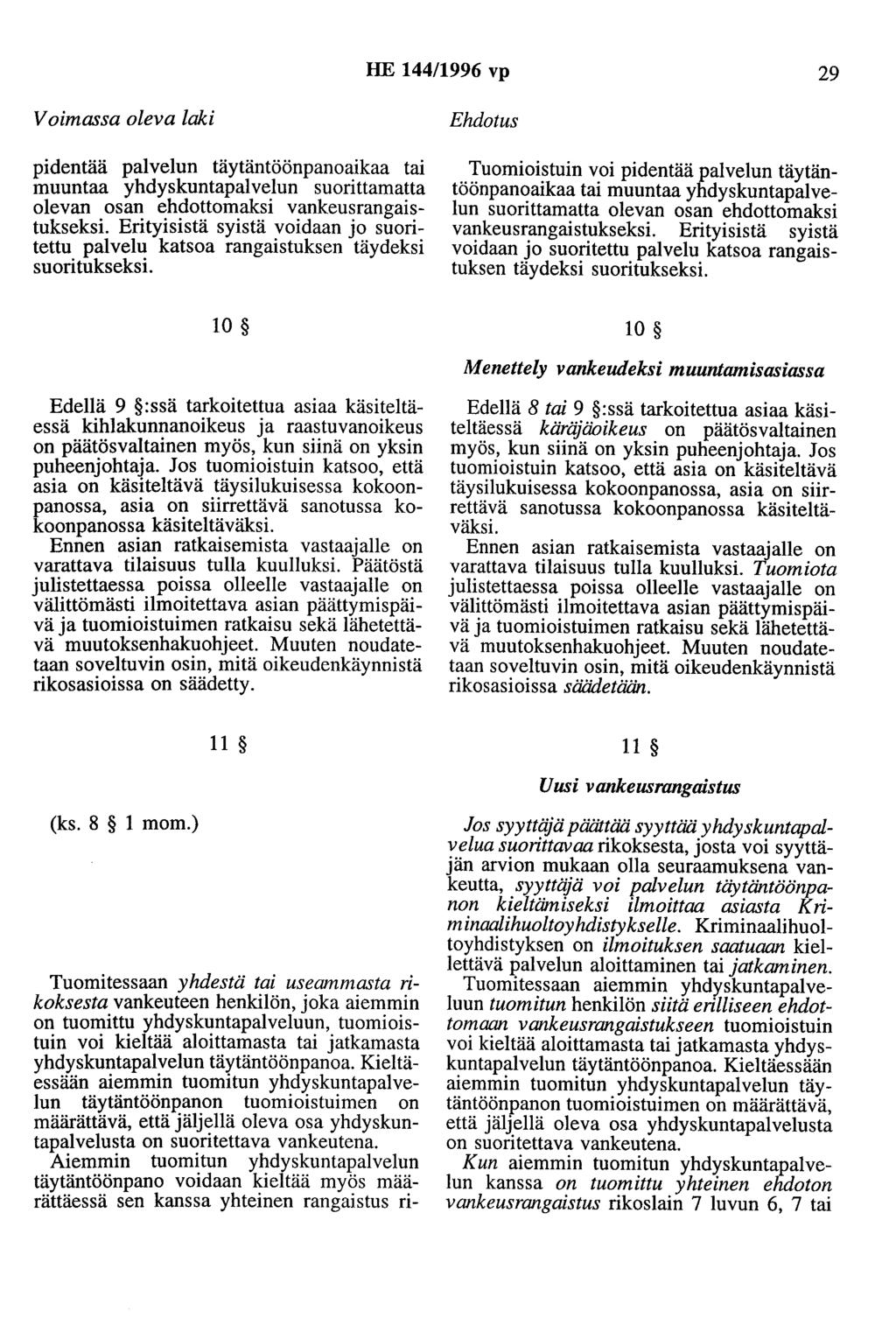 HE 44/996 vp 29 Voimassa oleva laki pidentää palvelun täytäntöönpanoaikaa tai muuntaa yhdyskuntapalvelun suorittamatta olevan osan ehdottomaksi vankeusrangaistukseksi.