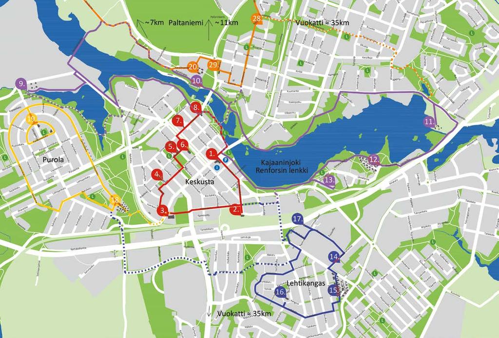 reittisi, esim: (1, 2, 3, 18, 19, 9, 20, 29) - X km Kajaani Info Pyöräpisteet Leikkipuisto ACTIONTRACK - MOBIILISOVELLUS Voit pyöräillä puukaupungissa myös mobiilisovelluksen avulla.