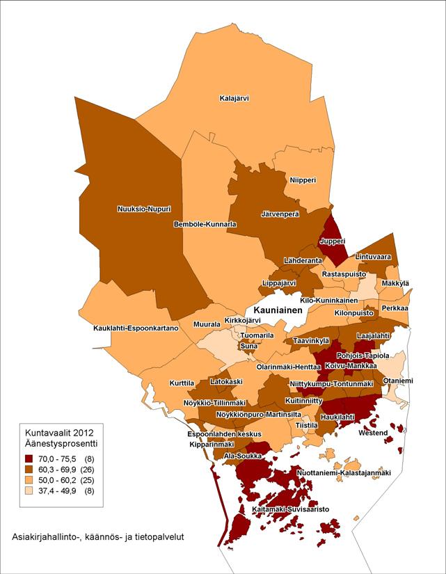 Korkeimmat äänestysprosentit olivat Olari-Mankkaa-Pohjois- Tapiola akselilla, Haukilahti-Westend akselilla, Suvisaaristossa Jupperissa.