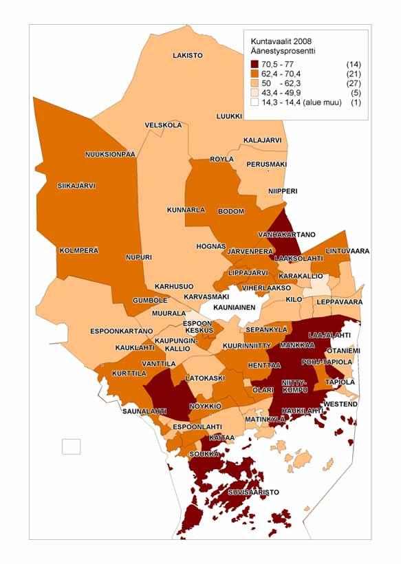 Äänestysaktiivisuus äänestysalueittain Espoossa v.