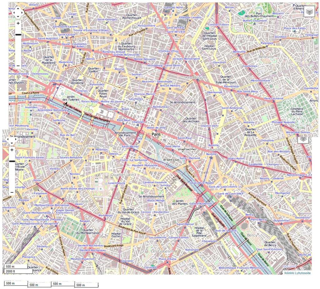 KAUPUNKIJÄRJESTELMÄT - URBAN FABRICS Kaupunkialue 2 km Pariisi 2013 JALANKULKKAUPUNGIN ALUEITA MITOITTAVAT KEHÄT 2 km 1 km Merkinnät: 14 Metroasema (14 + 42) 42