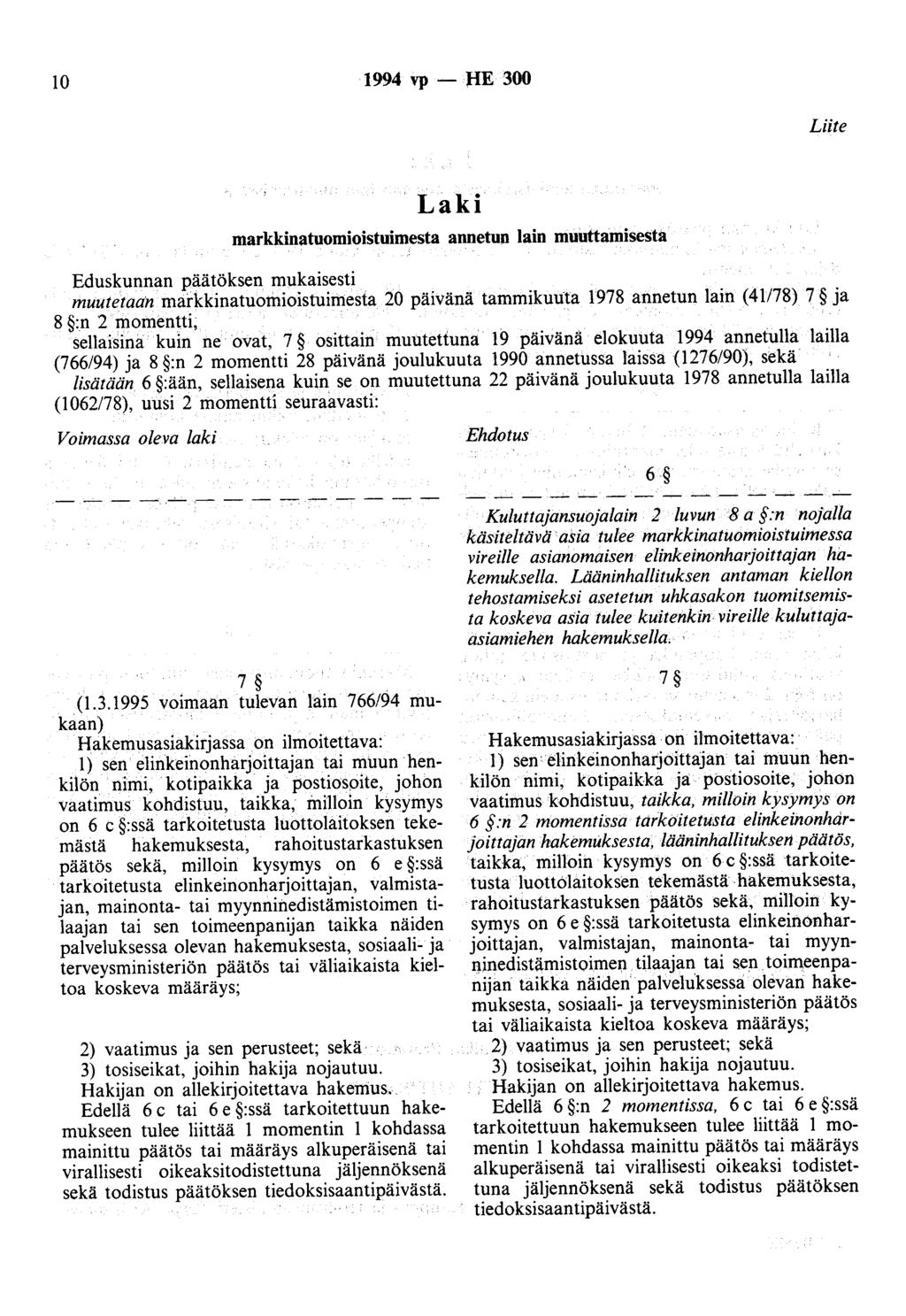 10 1994 vp - JIE 300 Liite Laki markkinatuomioistuimesta annetun lain muuttamisesta Eduskunnan päätöksen mukaisesti muutetaan markkinatuomioistuimesta 20 päivänä tammikuuta 1978 annetun lain ( 41178)