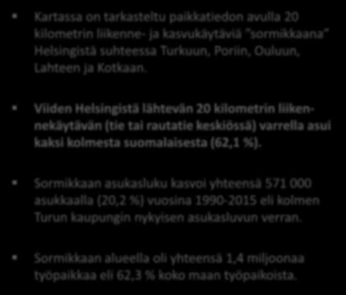 Viiden Helsingistä lähtevän 20 kilometrin liikennekäytävän (tie tai rautatie keskiössä) varrella asui kaksi kolmesta suomalaisesta (62,1 %).