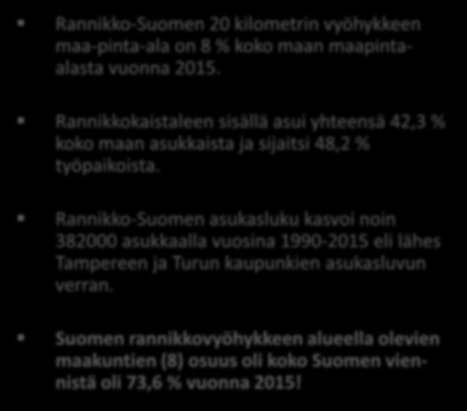 SIJAINNIN JA LIIKENNEVÄYLIEN MERKITYS ON EDELLEEN KOROSTUNUT 2010-LUVULLA 2 (2) Rannikko-Suomen 20 kilometrin vyöhykkeen maa-pinta-ala on 8 % koko maan
