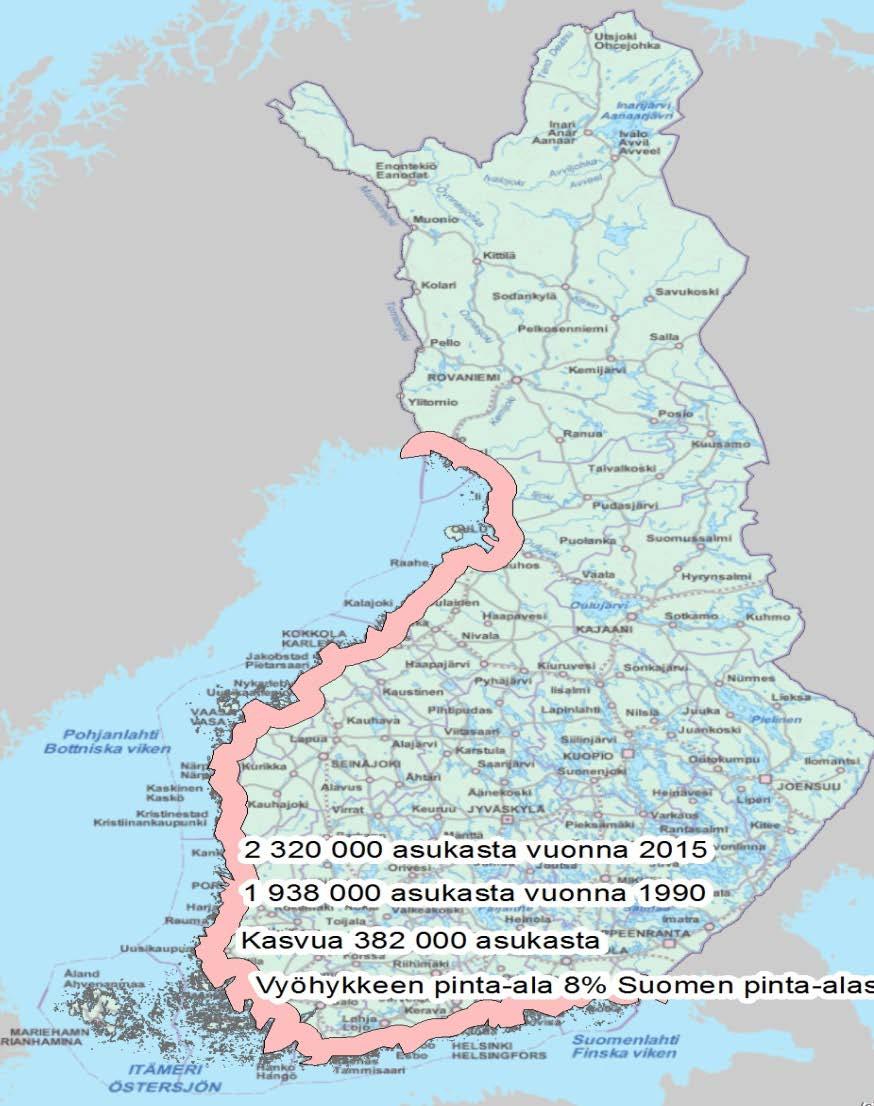 Rannikko-Suomen asukasluku kasvoi noin 382000 asukkaalla vuosina 1990-2015 eli lähes Tampereen ja Turun kaupunkien asukasluvun verran.