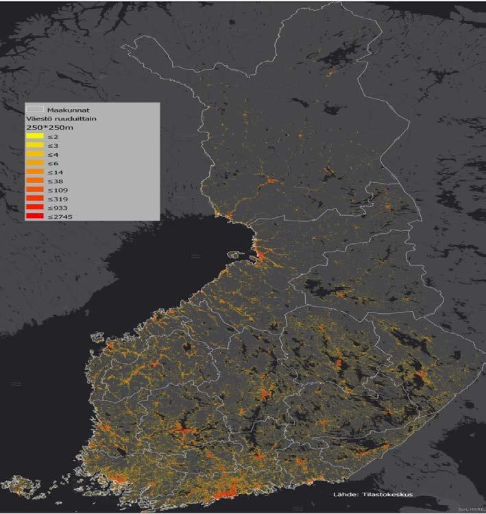 VÄESTÖMÄÄRÄ 250 X 250 METRIN TILASTORUUDUISSA VUONNA 2015 Suomen maapinta-alasta vakituisesti asuttujen ruutujen määrä oli 6,7 % ja asumattomien