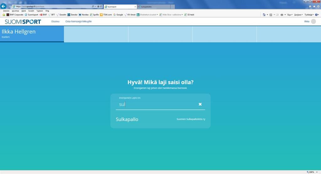 Seuraavaksi valitset lajin, kirjoittamalla ostokohteena olevan lajin nimeä jonkin verran, järjestelmä arvaa mistä voisi olla kyse (Suomisportista voit tällä hetkellä ostaa lisenssin yli 20 lajiin
