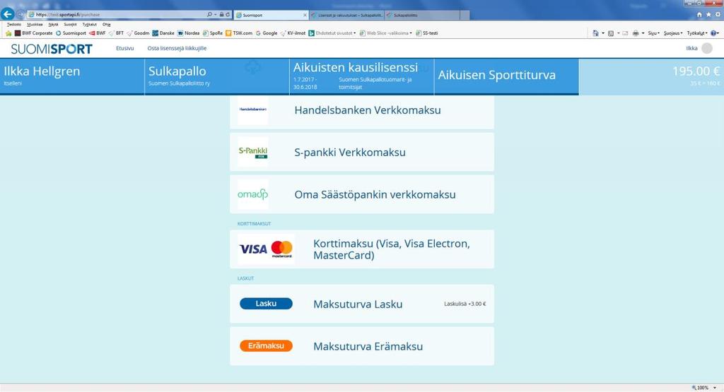 Maksutapoja on sivun yläreunassa enemmänkin, kaikki kotimaiset pankit ja MobilePay sekä Mastepass.