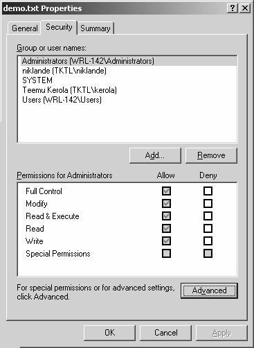 W2K DACL Esimerkki (NTFS) 55 W2K pääsyoikeusmaski (access mask) for files (Fig