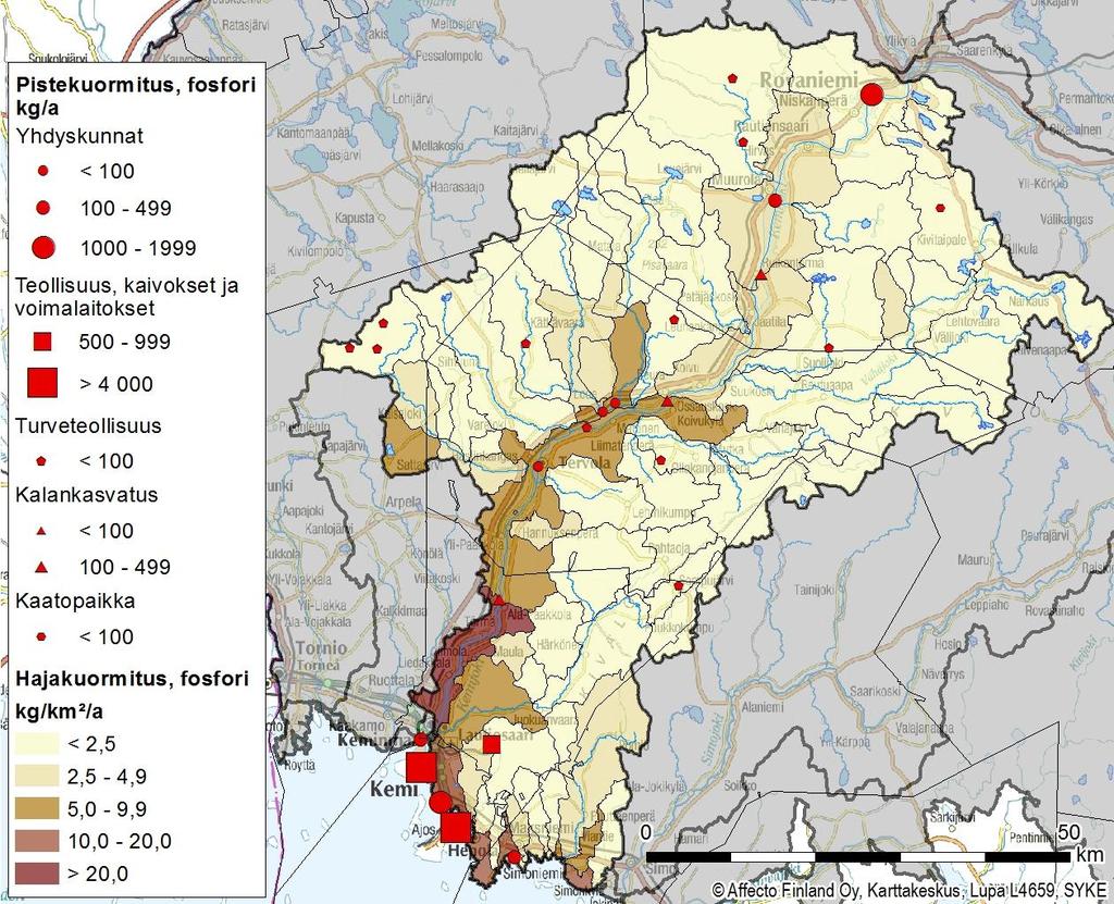 Kemijoen alaosa % Yhdyskunnat 7,0 Haja-asutus 6,9 Teollisuus 0,1 Kalankasvatus 2,6 Turvetuotanto 1,1