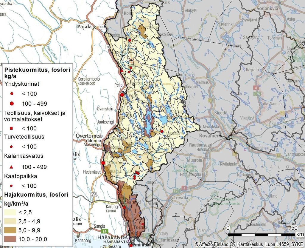Tornionjoki % Yhdyskunnat 1,5 Haja-asutus 1,4 Teollisuus 0,0 Kalankasvatus 0,1 Turvetuotanto 0,2
