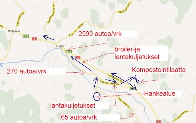 Kuva 5.4 Liikenteen nykyinen (VE1) suuntautuminen sekä liikenneviraston tilastojen (2011) laskemat liikennemäärät hankealueen lähiteillä.