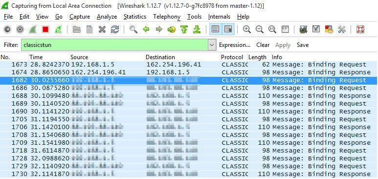19 Kuva 4. Wireshark-kaappaus Steam-puhelusta. Filtteri on asetettu määrityksillä classicstun. Uhrin IP-osoite on sensuroitu tietoturvasyistä.