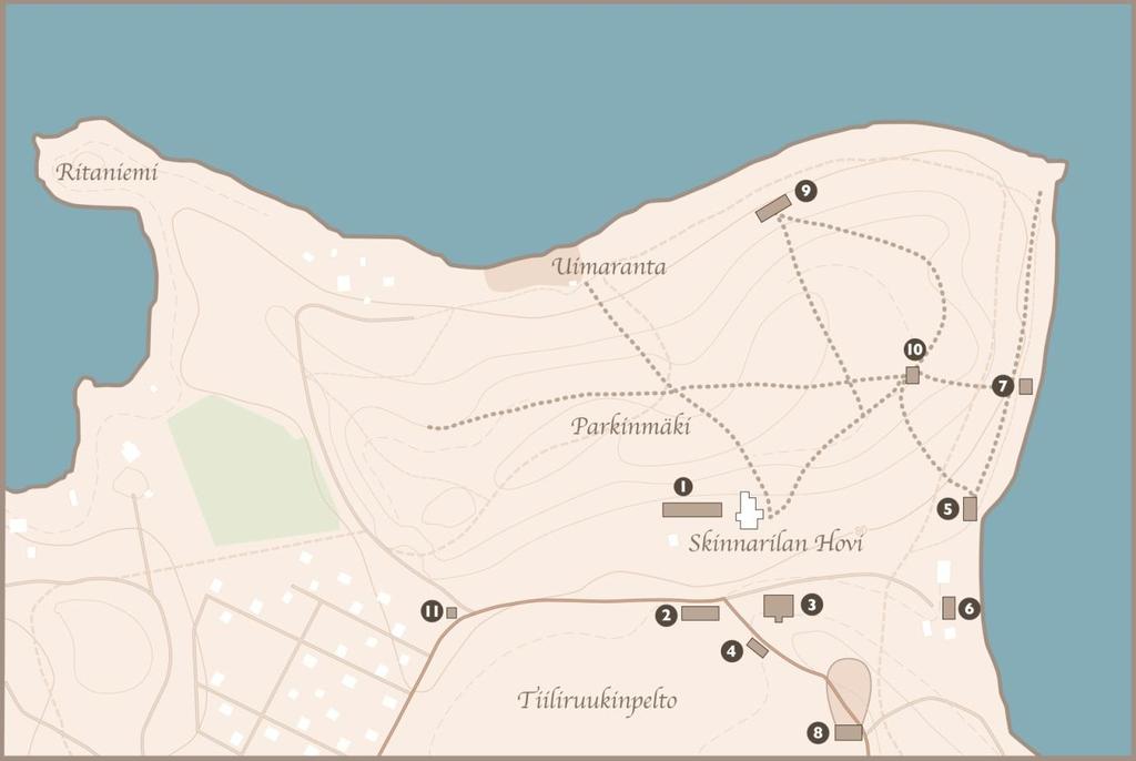 Kartta 1. Skinnarilan Hovin entiset rakennukset. Kartta on laadittu Pekka Silventoisen kuvauksen perusteella (karttapiirros Kimmo Heikkilä).