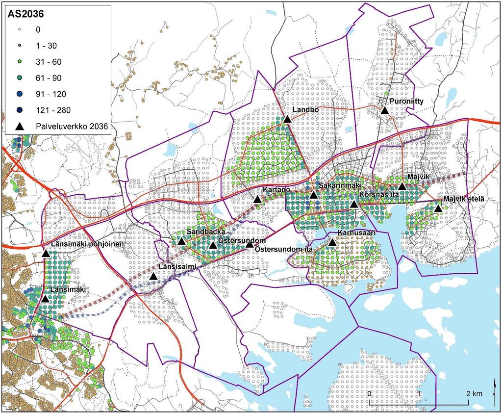 Alueen palvelukeskuksiin suunnatun kysynnän arvioidaan olevan samalla tasolla tai osin vähän alhaisempi vuonna 2036 kuin kaavan tavoitevuonna.