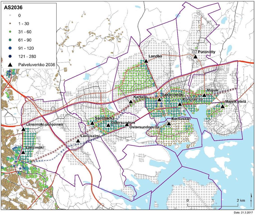 Kuva 7. Asukkaiden hajautuneisuus ruututiedon keskipisteittäin vuonna 2036 kun alueella on noin 40 000 asukasta. Kuva 8.