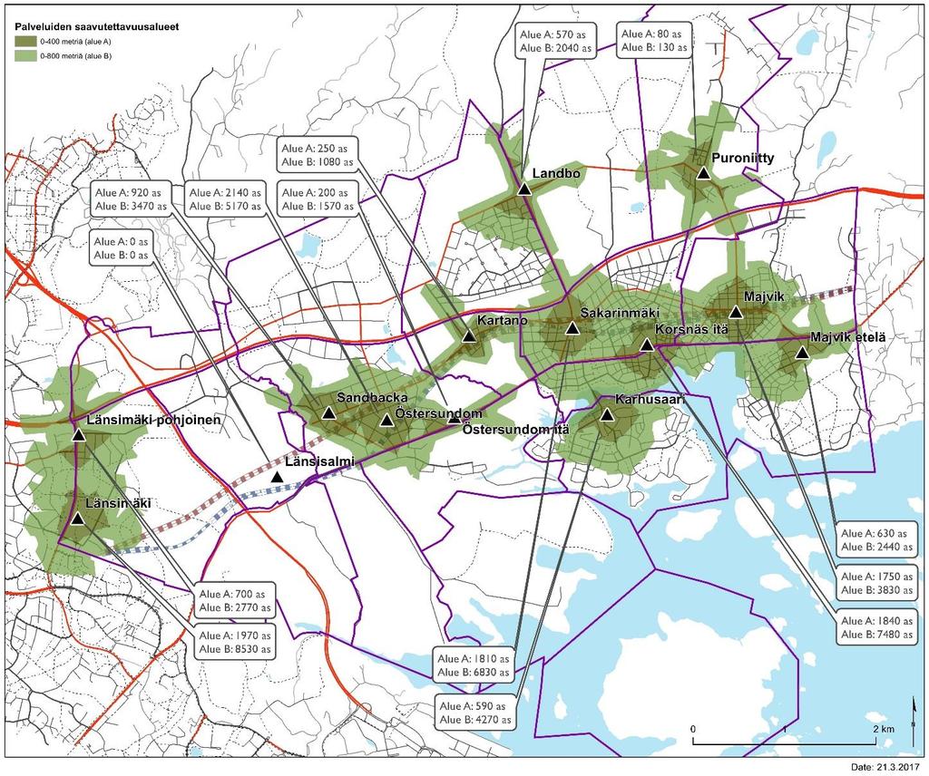 Kuva 10. Vuoden 2036 ja 40 000 asukkaan skenaarion saavutettavuusalueet ja niiden saavutettu väkimäärä. Vuoden 2060 skenaariossa lähietäisyydellä (400 metriä) asuu noin 22.