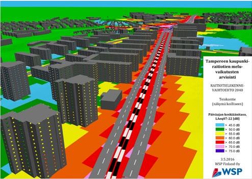 35 Kuva: Päiväajan keskiäänitasot Teiskontiellä vuonna 2040 raitiotie- ja bussivaihtoehdossa.