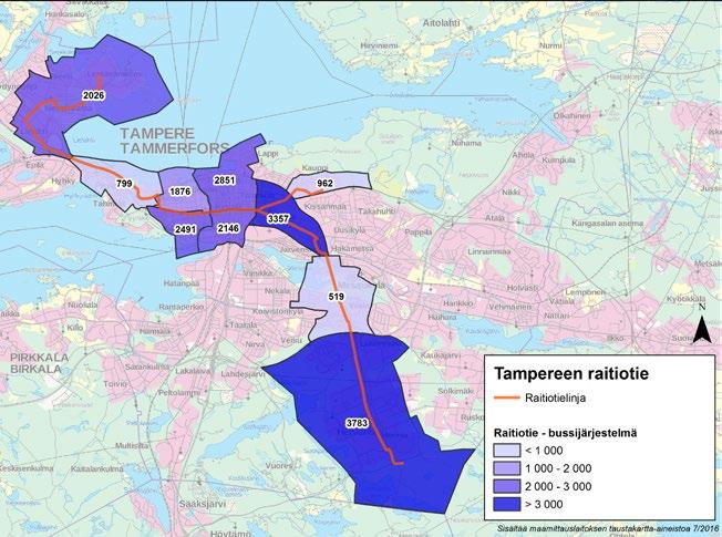 Raitiotie houkuttelee enemmän matkustajia kuin bussi Raitiotie lisää joukkoliikennematkustajia verrattuna bussivaihtoehtoon. Kuvassa 4 havainnollistetaan alueellisia eroja.