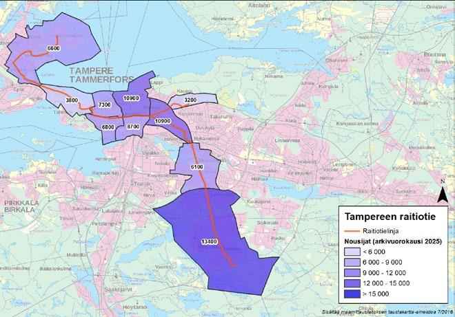 alueella 52-53 prosenttia. Raitiotien käytävässä on voimakas joukkoliikenteen tarjonta myös bussivaihtoehdossa ja henkilöautoilun osuus on 46-49 prosenttia (taulukko 5).