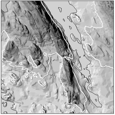 5 Kallioalueet Kuva 1. Ala-Keyrityn kartta-alueen korkokuva. Valkea viiva kuvaa muinaisen Yoldiameren ylintä rantaa.