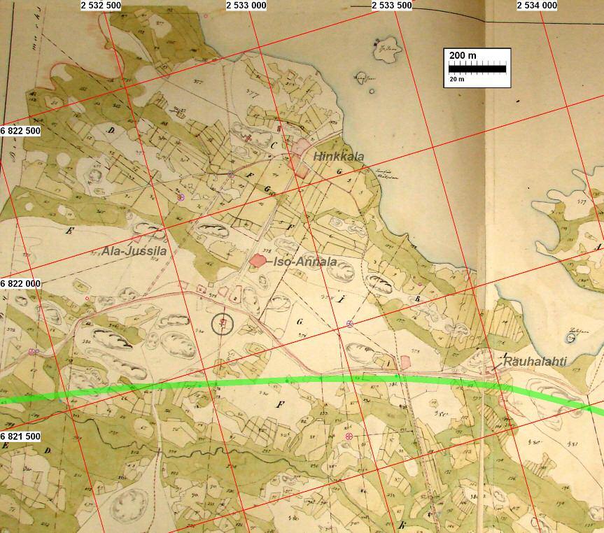 luona. Isojakokartta v. 1799 asemoituna kkj1 koordinaatistoon n. ±50 m tarkkuudella, nyk.