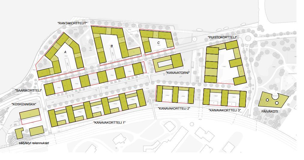 asuinkortteleihin. Vapaa-ajankeskus tulee Koskenniskan säilytettäviin rakennuksiin alueen lounaisreunalle, päiväkoti tulee Soukanpuistoon, joka sijaitsee alueen itäreunalla.