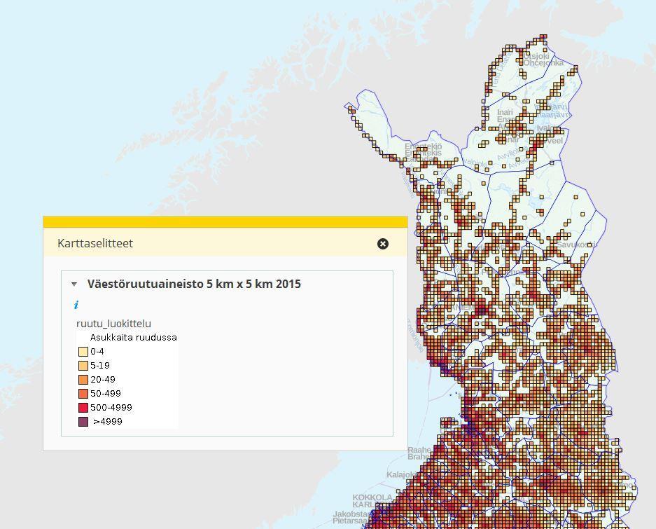 Kuva 14. Asukastiheys eri puolilla tutkimusaluetta vuonna 2015.