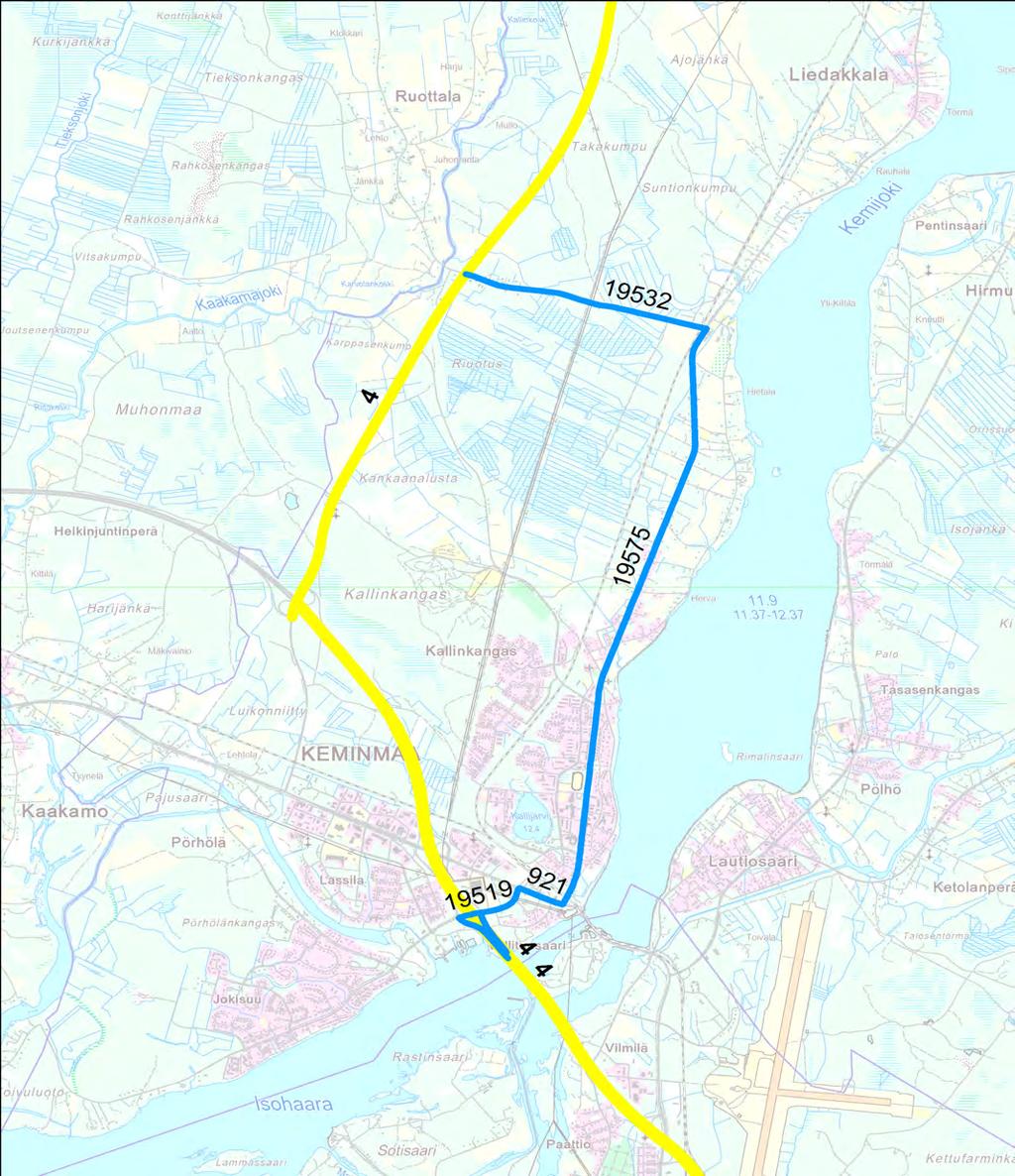 Liite 6 Varareittien liikenteenohjauskuvat Valtatie 4 Kemin kohdalla OHJAUS, LIITE 8 VARAREITTI : 4Kemi32 JOKISUU - RUOTTALA SEKTORI: Raskas liikenne rajoituk Varareitin pituus 9,5 km Viivytys : 5-15