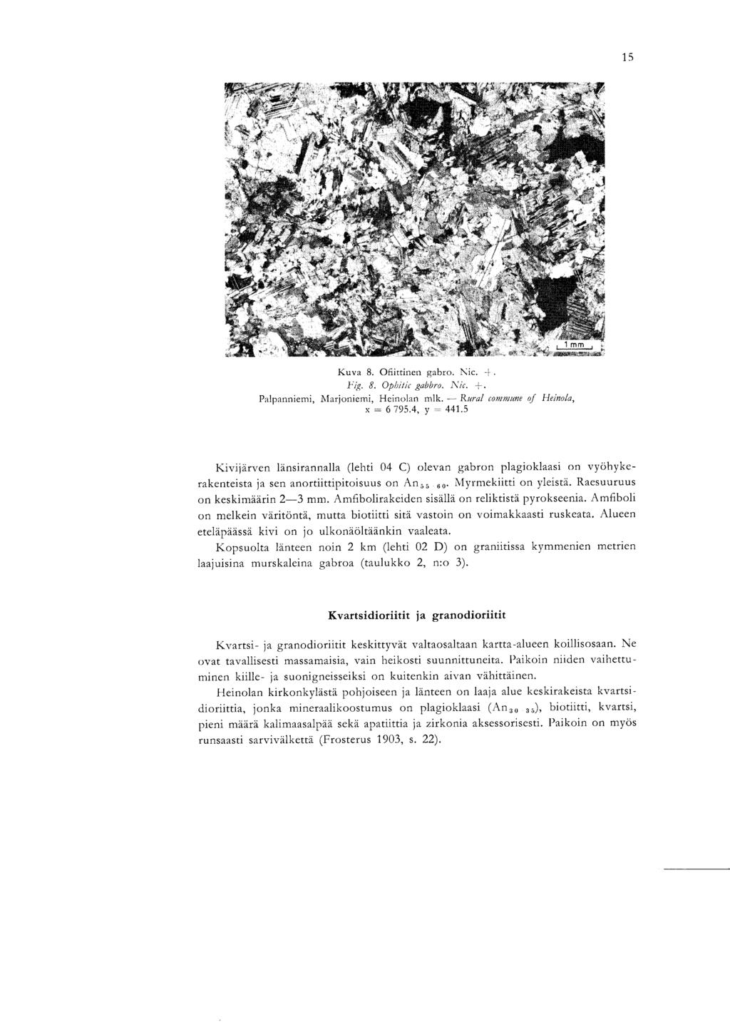 1 5 Kuva 8. Ofiittinen gabro. Nic. -}. Fig. 8. Opbitic gabbro. Nic. i. Palpanniemi, Marjoniemi, Heinolan mlk. - Rural commune of Heinola, x = 6 795.4, y -= 441.
