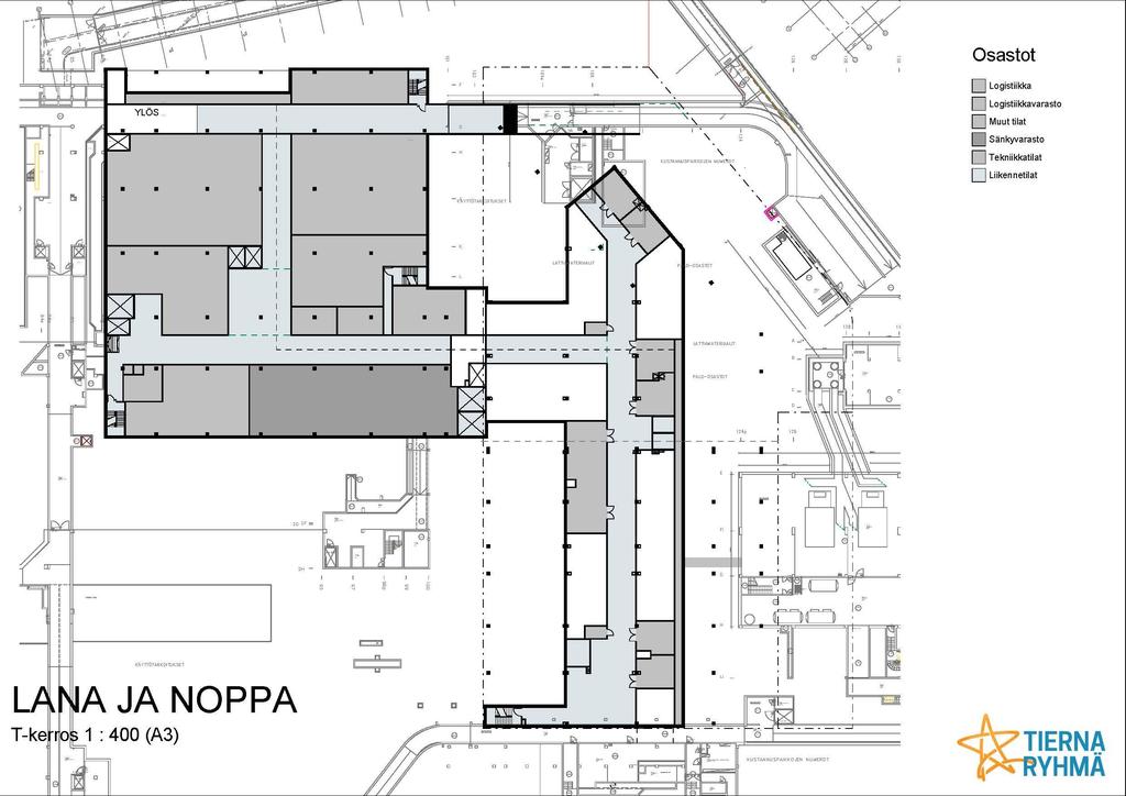 Tavaralogistiikka T-kerros Logistiikkatunneli Yhteys R-kerrokseen Purettavat rakenteet