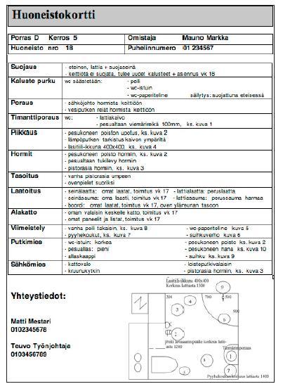 26 (35) Kuva 1. Esimerkki linjasaneerauskohteen huonekortista (Linjasaneeraus, työohje G-0295 2006) 4.