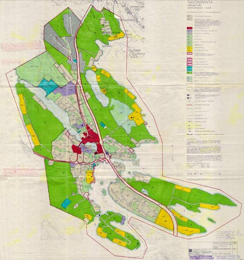 Savonlinnan kaupunki 6(10) Suunnittelualueen yleiskaavat Suunnittelualueella on voimassa Kirkonkylän osayleiskaava, joka on hyväksytty Savonrannan kunnanvaltuustossa 31.5.1994.