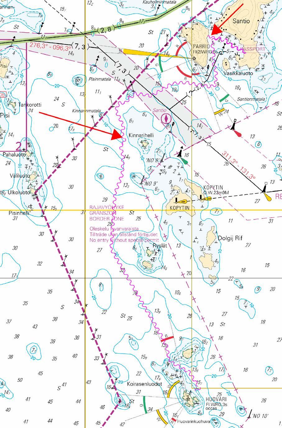 2 13, A/Mys Krestovyj (Ristiniemi) - Virolahti, A604, A605, A606 (1) 60 27.438'N 27 43.440'E (2) 60 27.479'N 27 43.267'E (3) 60 27.488'N 27 43.208'E (4) 60 27.554'N 27 43.055'E (5) 60 27.572'N 27 42.