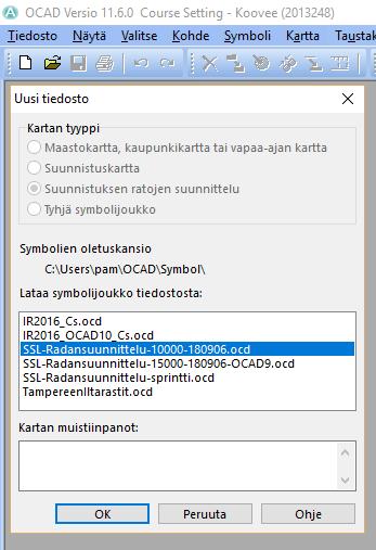 Ratasuunnittelun aloittaminen Ratasuunnittelu aloitetaan valitsemalla OCAD:in valikosta Tiedosto -> Uusi Avautuvasta Uusi tiedosto -ikkunasta valitaan symbolitiedosto