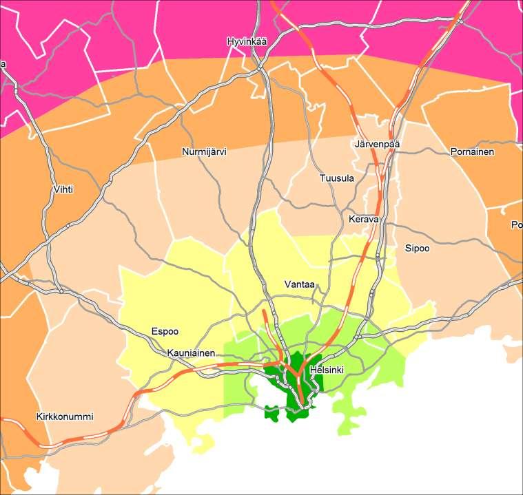 30 päivän lippu, Hinnat Kehitetty v. 2010 kaarimalli: 2 Keskusta Keskusta 43 45 6 % Itäkeskus 43 48 13 % Leppävaara 89 48-46 % Espoonlahti 89 95 7 % Myyrmäki 89 95 7 % Tikkurila 89 95 7 % Kerava 124.