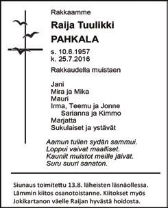 Seurakunta tiedottaa Hautaan siunattu: Raija Tuulikki Pahkala e Nikula s.