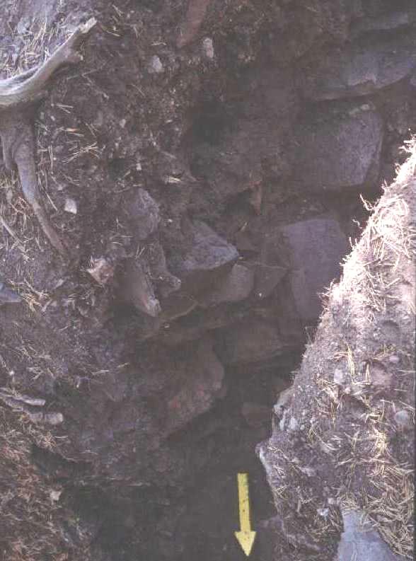 14 Kuva 6: Etelävallin kivimuuri. Edessä uunin sisäreuna. Valok. V.-P. Suhonen Kaivausta jatkettaessa esille tuli kylmämuuratun noin kaksi metriä paksun harmaakivimuurin jäännös.