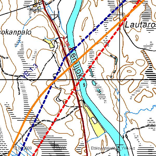 39 Kuva 5.11 Vaihtoehdot VE1.3 ja VE1 sekä rautatievaihtoehto VE2 Kemijoen ylityksen kohdalla. 5.1.5 Alavaihtoehto VE1.4 Alavaihtoehto VE1.4 sijoittuu vaihtoehdon VE1.
