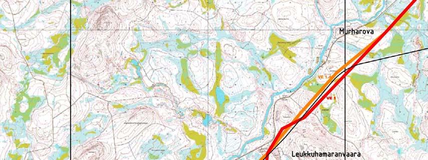 40 Kuva 5.12 Vaihtoehdot VE1.4 (oranssi viiva) ja VE1 (punainen viiva) sekä rautatievaihtoehto VE2. 5.1.6 Alavaihtoehto VE1.5 Alavaihtoehdon VE1.