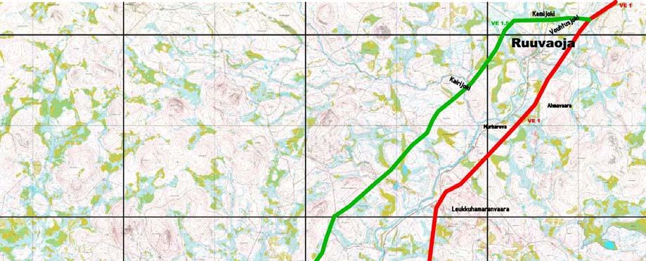 41 länsipuolella Ruuvaojalle asti, missä se yhtyy päävaihtoehtoon VE1 (kuva 5.13). VE1.5 kulkee omalla reitillään n.