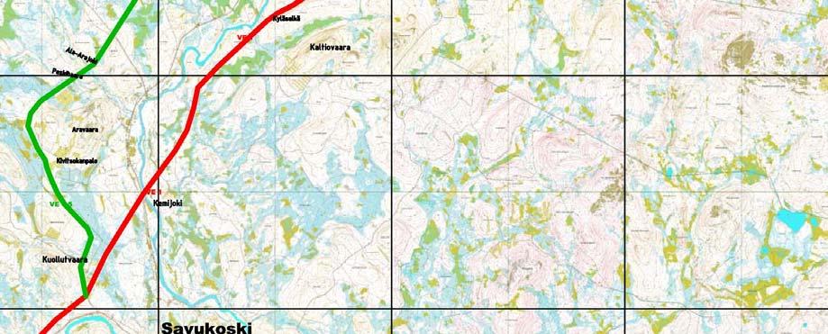 5 (vihreä viiva) ja VE1 (punainen viiva) välillä Savukoski Ruuvaoja.