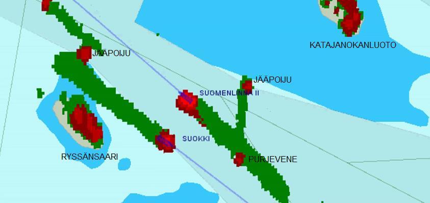 Kuva 3. Kello 19.26.20 purjevene on M/S Suomenlinna II:n vanavesikentässä. M/S Suokki on kulkenut väyläalueen ulkopuolella Ryssänsaaren kohdalla.