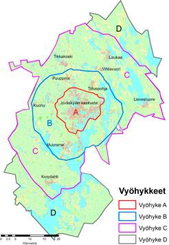 Maksuvyöhykkeet Jyväskylän paikallisliikenne palvelee neljällä maksuvyöhykkeellä, jotka on merkattu karttaan kirjaimin A, B, C ja D.