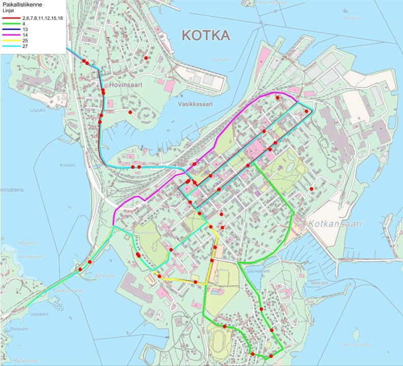 Kotkan keskustan liikennesuunnitelma 11 (60) Kuva 4. Paikallisliikenteen nykyverkko.