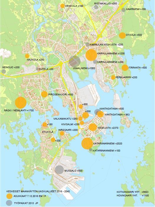 Kotkan keskustan liikennesuunnitelma 22 (60) Työpaikkojen kehitys suunnittelualueella liittyy erityisesti potentiaalisiin tiedossa oleviin hankkeisiin, kuten ammattikorkeakoulun kampukseen,