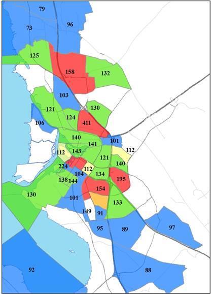 Kotkan keskustan liikennesuunnitelma 34 (60) Kuva 17. Oulussa lasketut autopaikkamäärät alueittain /k-m2 Alennusta autopaikkamäärästä on annettu mm.