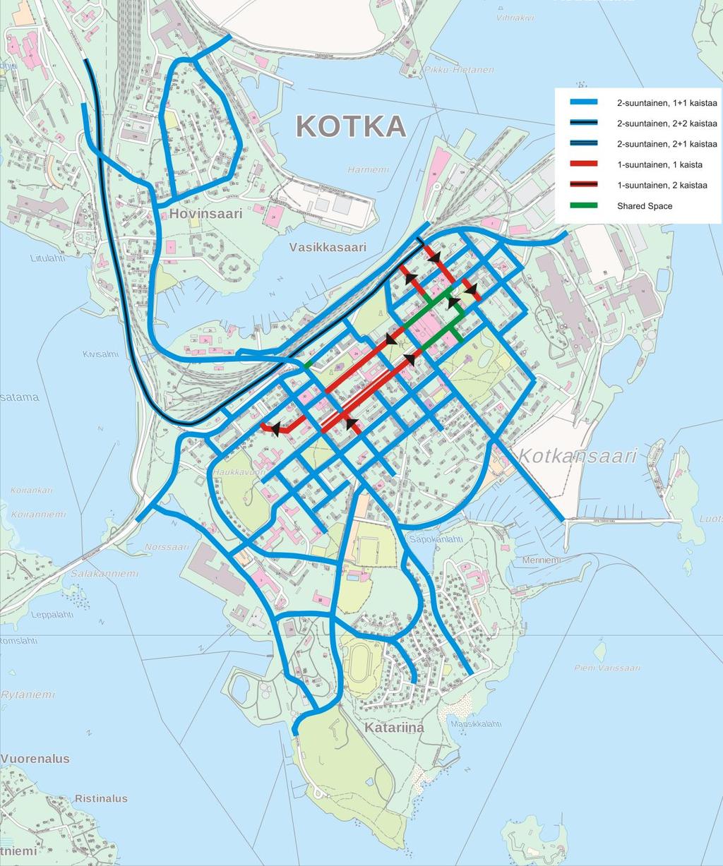 Kotkan keskustan liikennesuunnitelma 40 (60) Kuva 20. Ajoneuvoliikenteen tavoiteverkon yksisuuntaisuudet, useampikaistaiset osuudet sekä shared space-osuudet.