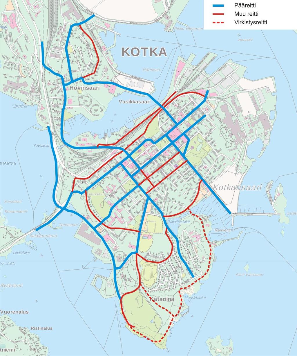 Kotkan keskustan liikennesuunnitelma 42 (60) Kuva 22. Pyöräverkon tavoitehierarkia. Kuvassa esitetyille pääreiteille on useimmissa tapauksissa tarpeen toteuttaa erillisiä pyöräteitä tai -kaistoja.